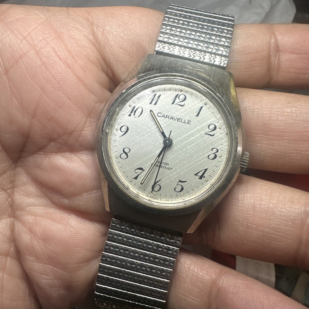 Works VTG Caravelle Manual Wind Silver Mens Watch 35mm Textured Dial Fit‎ 8 Rare